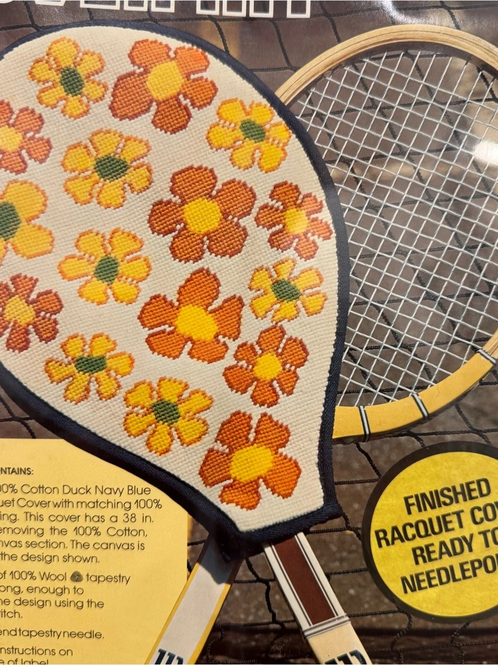 New Vintage Needlepoint Tennis Racquet Cover Kit Wonderart White Orange Daisies
